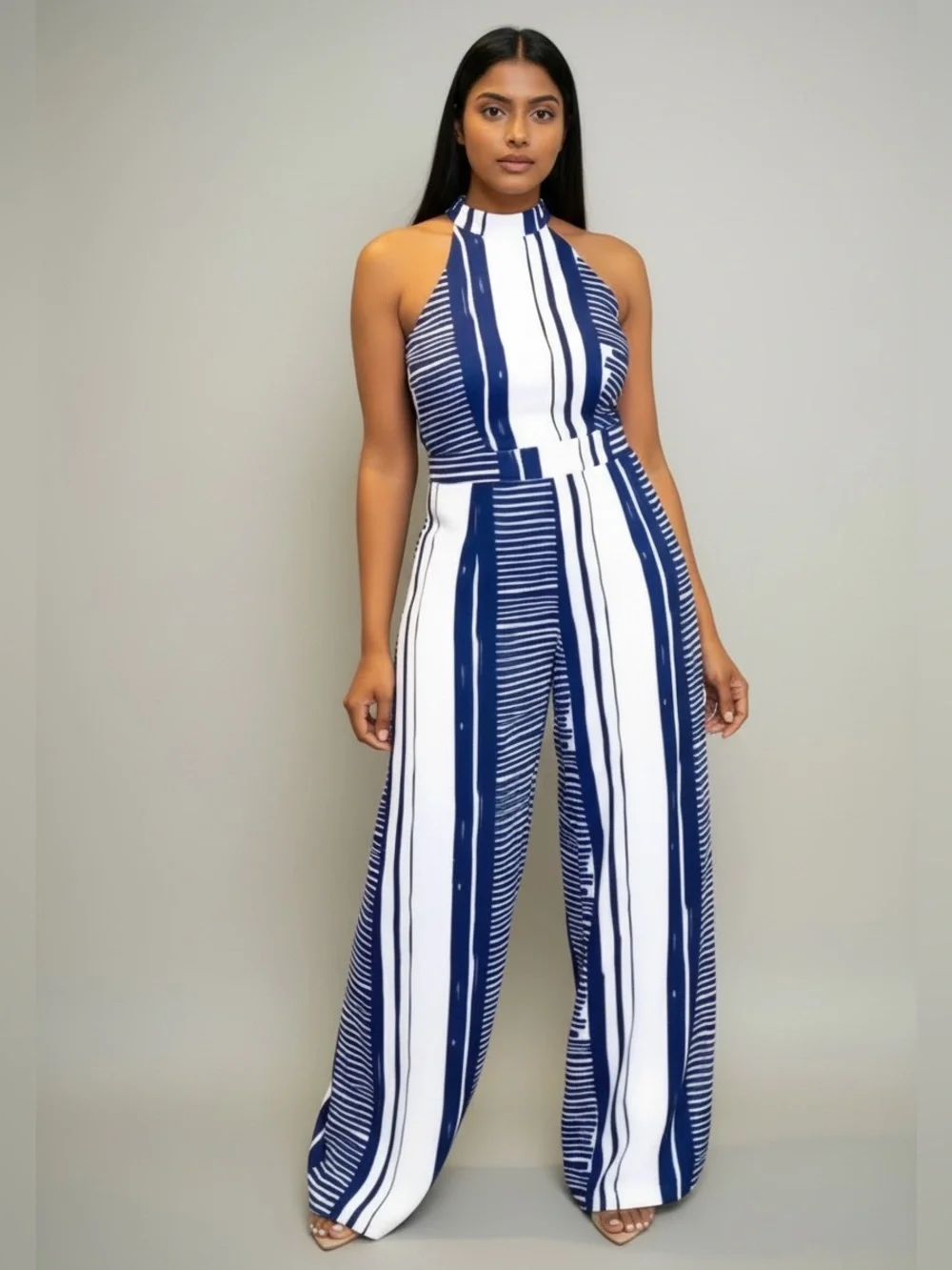 High-Neck Striped Wide-Leg Jumpsuit - Navy & White - Picture 1 of 4